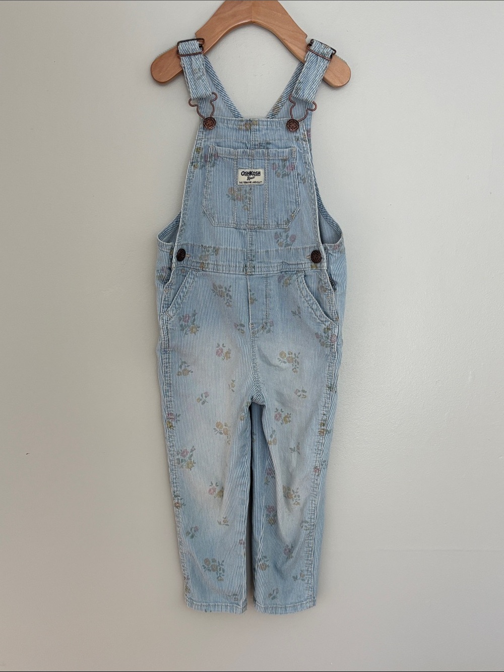 OshKosh B'gosh Light Hickory Stripe Floral Denim Overalls 3T